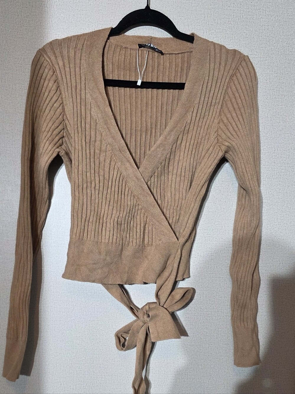 Ribbed Wrap Cardigan Sweater in Taupe